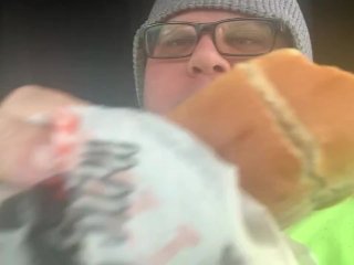 Fat tranny slut stuffs fat face