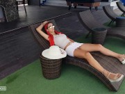 Preview 5 of Girl with red hair sunbathes without panties by the pool