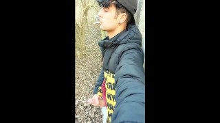 Smoking and cumming public with sound of dropping cum on dry leaves