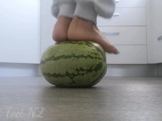 womans feet, water melon, feet crush food, exclusive