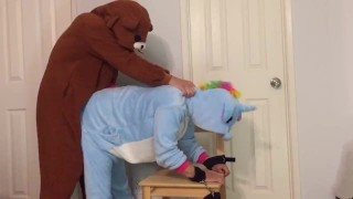 Girl In Unicorn Onesie Tied To Chair By Bear Fucks