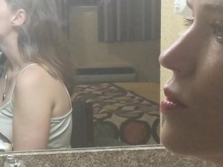 button smoking, solo female, smoking, mirror reflection