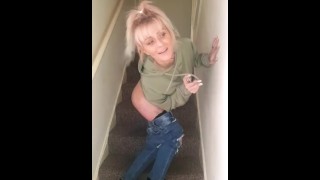 Dirty bitch plugs her arse on stairs while her stepdads comeing through