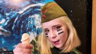 SOLO A Sweetie Fox In A Military Outfit Masturbating And Sucking Dildo