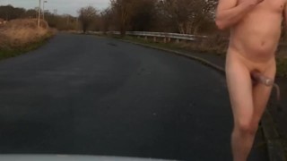 Early morning naked in road with penis pump