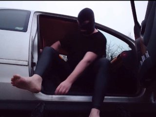car, wetlook leggings, masked amateur, point of view
