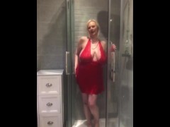 Annabel’s red satin halter neck negligee shower play  - Screenshot 7 of 16 - Wet Clothes Shower