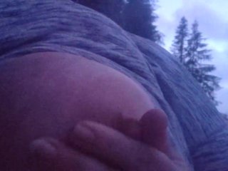 Public Play White chick plays with her huge tits in the cold, side of the road