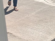 Preview 3 of Female friend feet in flip flops coming to see me in public, in motion view