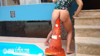 Using A Giant Road Cone To Fuck Her Ass