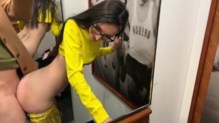 Risky public sex in the fitting room of a fitness store (cum in mouth)