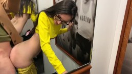 Risky public sex in the fitting room of a fitness store (cum in mouth)