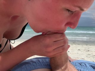 Deep Blowjob onThe Beach,Girl in Bikini Sucking Cock, Cum Mouth Outdoors