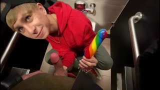 Sucking Dildo & Real Dick In Public Bathroom