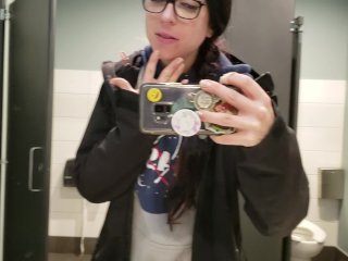solo female, kink, public toilet, nerdy girl glasses