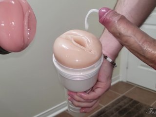 two fleshlights, creampie two pussies, fake pussy swap, shaved balls