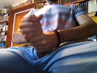 Jerking mythick cock through my pants