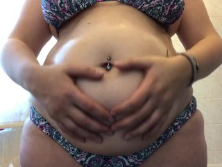 stuffed belly rub, bloated belly, solo female, oil belly rub