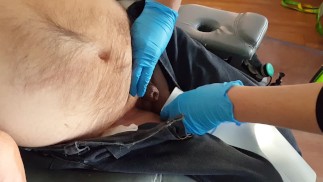 Nurse puts cripple dick in urinal to pee