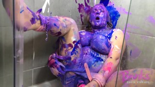 BBW in bondage covered in paint and orgasming with wand thumbnail