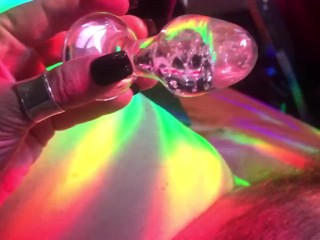 Fivedollarhug Cougar uses Glass Glow Toy with Rainbows on her Fat Pussy, Anal and Oral