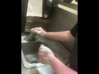Subway Worker Lathers Hands in Soap and Washes them diligently. 