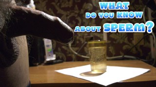 Close-up man cums in a glass and sperm blobs drowns in water; english subs