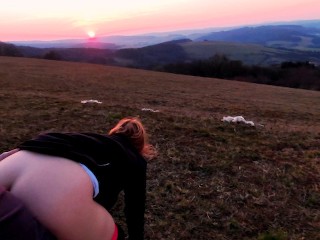 Outdoor Sex on the Top of the Hill at the Sunset. Mountain, Public, Hiking.
