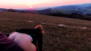 Outdoor sex on the top of the hill at the sunset. Mountain, Public, Hiking.