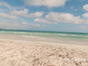 Preview 4 of Blowjob on the public beach - risky cumshot with people close by