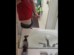 Stroking fat dick in the mirror