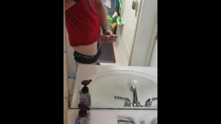 Stroking fat dick in the mirror