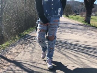 OutdoorPlay with Her Pierced and Tattooed Pussy inJeans