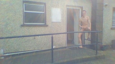 Skinny teen risks going outside his house to masturbate in nature