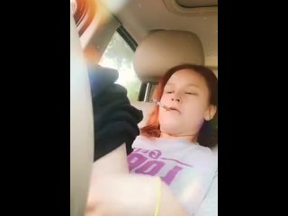 solo female, masturbation, red head, smoking in the car