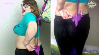 Filling my shiny black wetlook leggings with thick gunge! FULL thumbnail