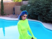 Preview 1 of Blue-haired Babe Riding and Suck Dildo - Facial Imitation near the Pool