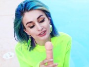Preview 3 of Blue-haired Babe Riding and Suck Dildo - Facial Imitation near the Pool