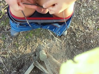 Farmer twink ties his balls , stretches tight balls and jerks off