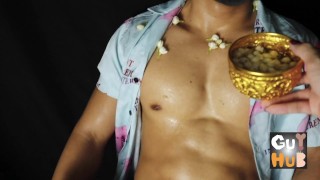 Gay Asian boy with super sexy body trying on kinky outfits with completely nude scenes