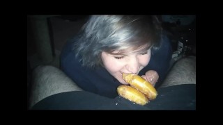 Chubby girl eats doughnuts off cock 