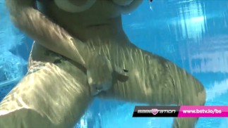 Babestation pornstar Leah Jaye shows you her pussy in the pool