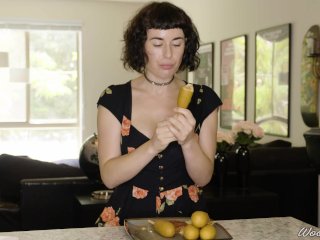 natural tits, solo female, food, big boobs