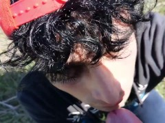 Getting cumshot into mouth and swallowing horny guy´s cum in garden POV close up