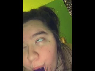 vertical video, blowjob, brunette, sex toy