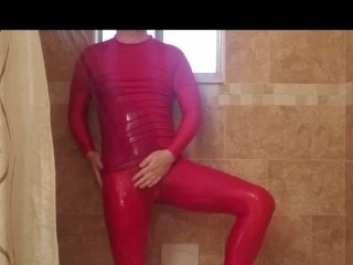 Spandex Boy Getting Showering andJacking OffIn Red Catsuit