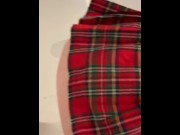Preview 5 of Dirty slut in plaid skirt and stripper heels fills a  glass with piss
