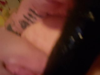 Chubby tatted girl stuffs tightly cunt with black dildo