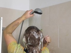 Wetlook shower in my ruined dress and hairwash
