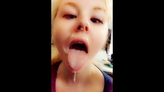 Licking the Cum off my Face after Daddy WRECKED it!